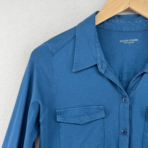 EILEEN FISHER Top S Organic Cotton Jersey Shirt Button Up Roll Tab Sleeve Blue - Picture 9 of 16